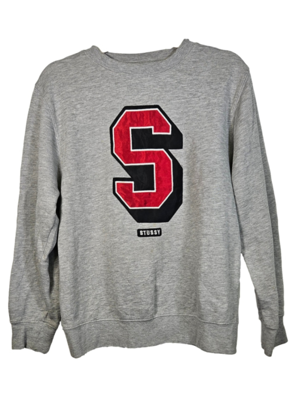 Stussy Big S Applique Crewneck Sweatshirt Gray Made USA Size Small Streetwear